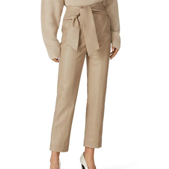 Jonathan Simkhai Tessa Tie Belt Faux Vegan Leather High Rise Straight Tan Pants - Picture 2 of 12